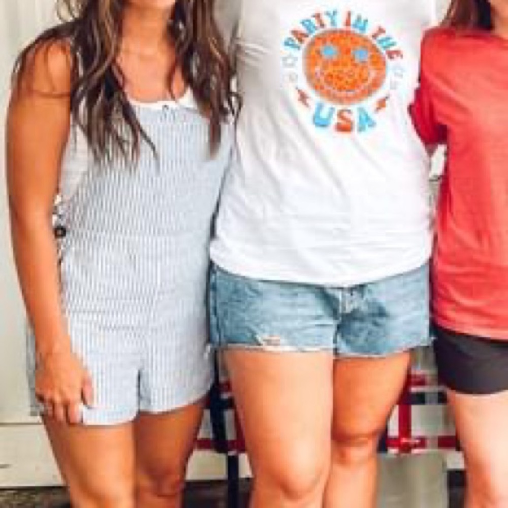 denim and white overall shorts